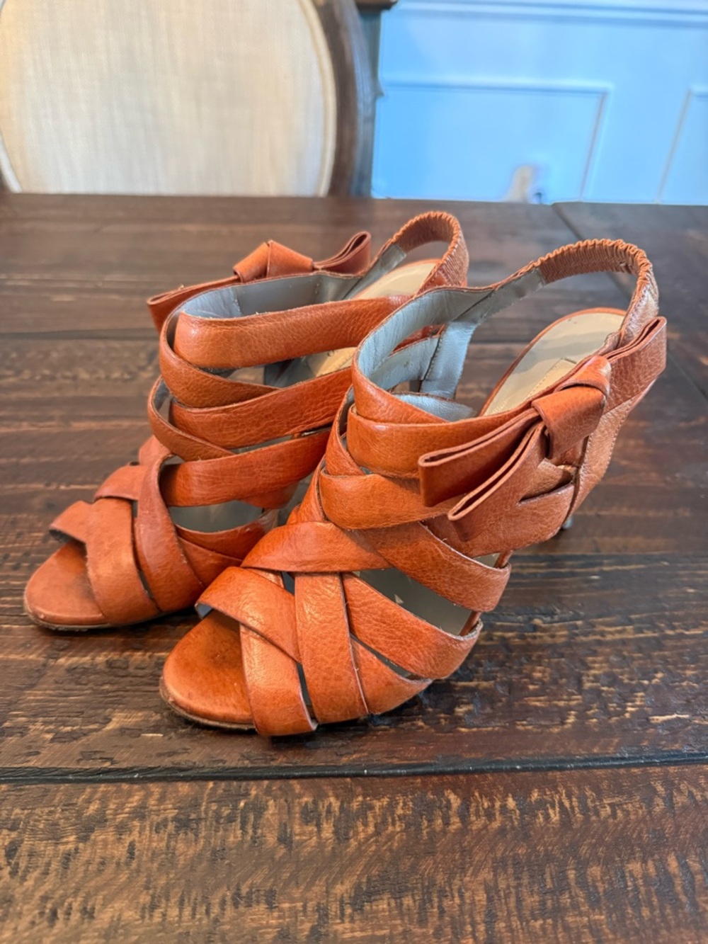 Valentino Leather Woven Bow Slingback Heels, size 38